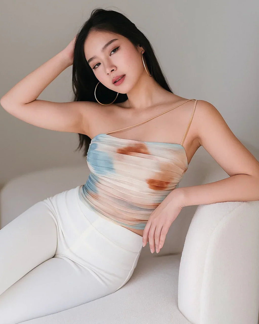 Sheer Mesh Abstract Print Strap Top in Multi