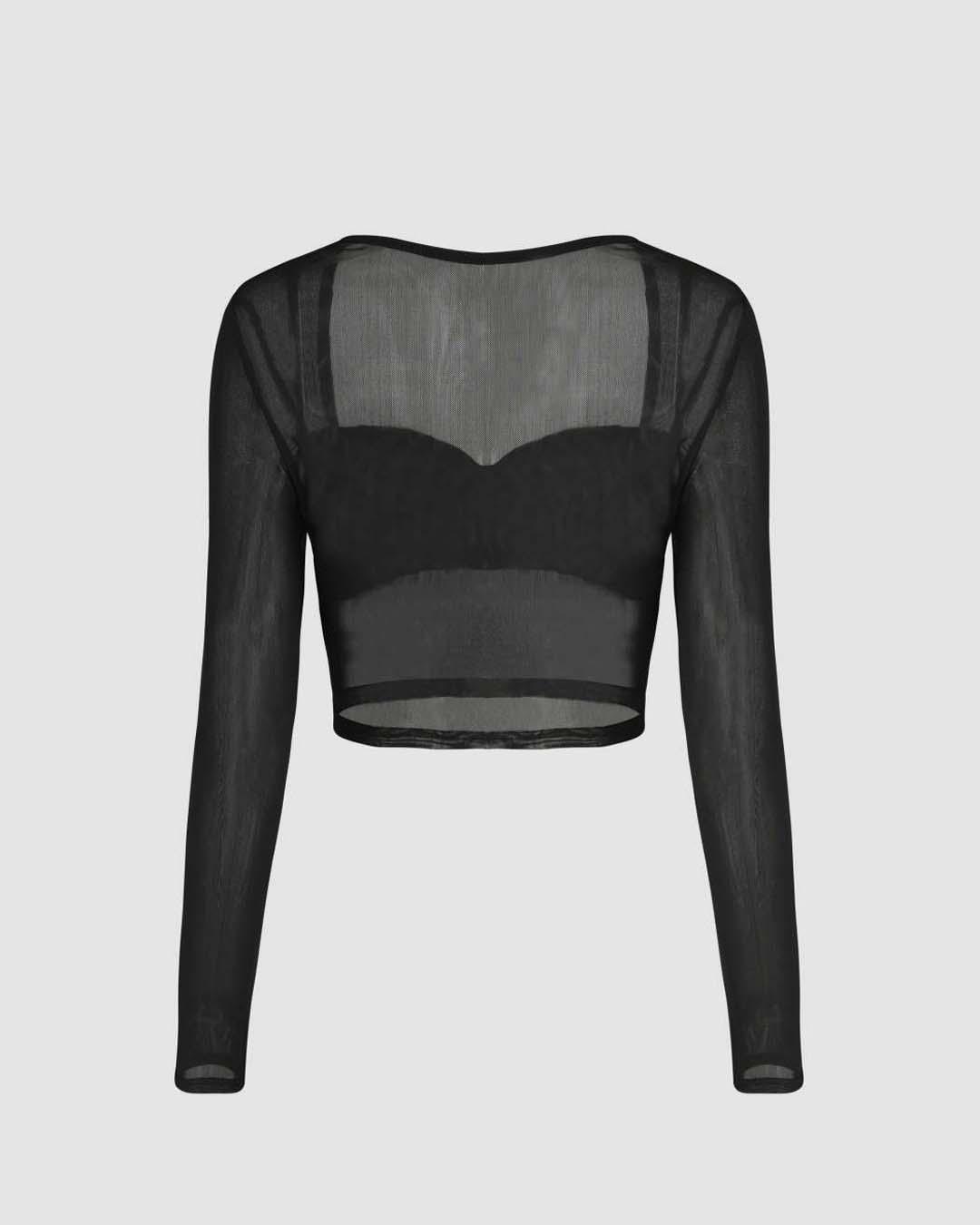 Sheer Mesh Long Sleeve Crop Top In Black