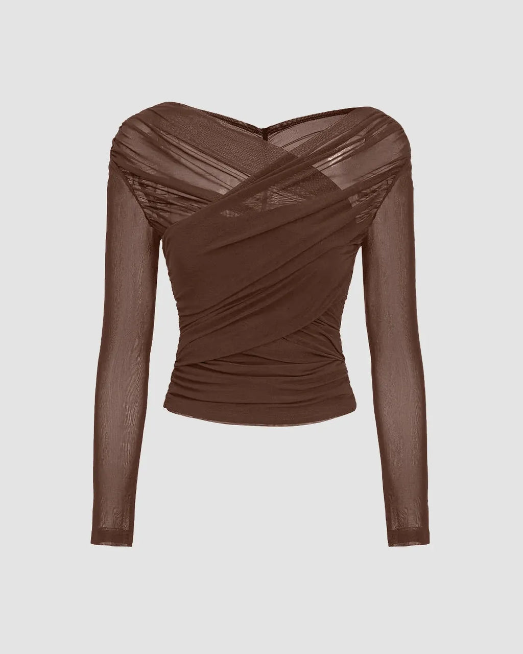 Sheer Mesh Long Sleeve Ruched Wrap Top In Coco Brown