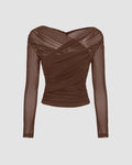 Sheer Mesh Long Sleeve Ruched Wrap Top In Coco Brown