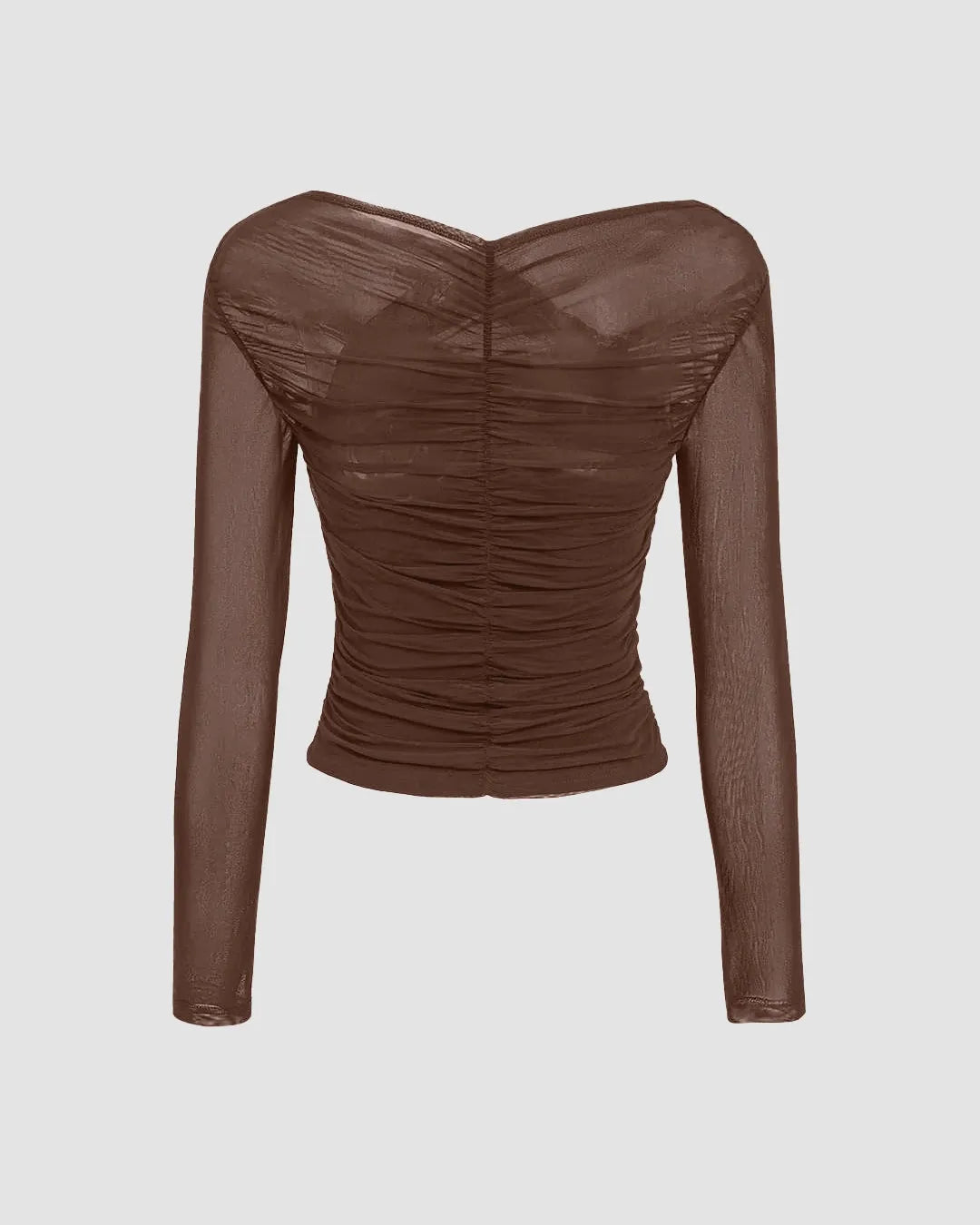 Sheer Mesh Long Sleeve Ruched Wrap Top In Coco Brown