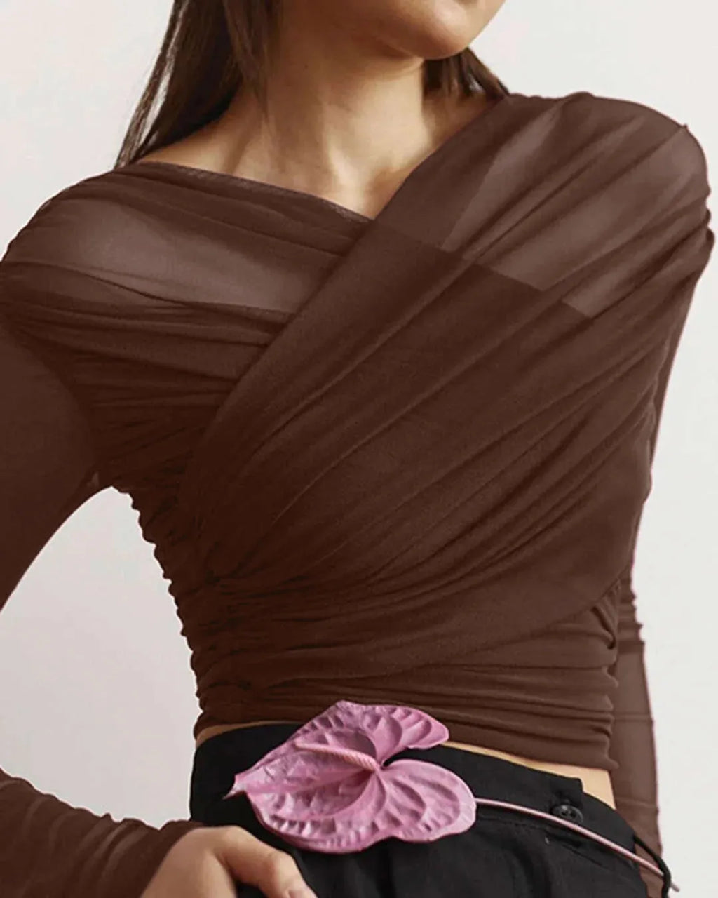 Sheer Mesh Long Sleeve Ruched Wrap Top In Coco Brown