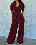 Short Sleeve Blazer & Wide-Leg Trousers Matching Set in Burgundy
