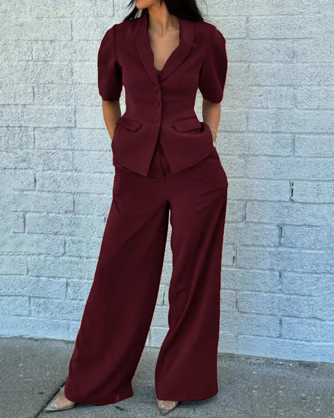 Short Sleeve Blazer & Wide-Leg Trousers Matching Set in Burgundy
