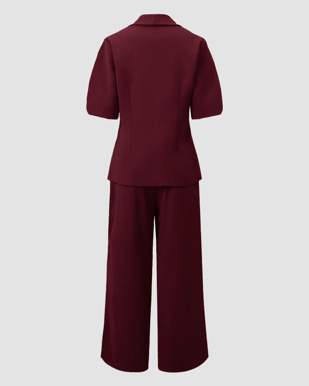 Short Sleeve Blazer & Wide-Leg Trousers Matching Set in Burgundy