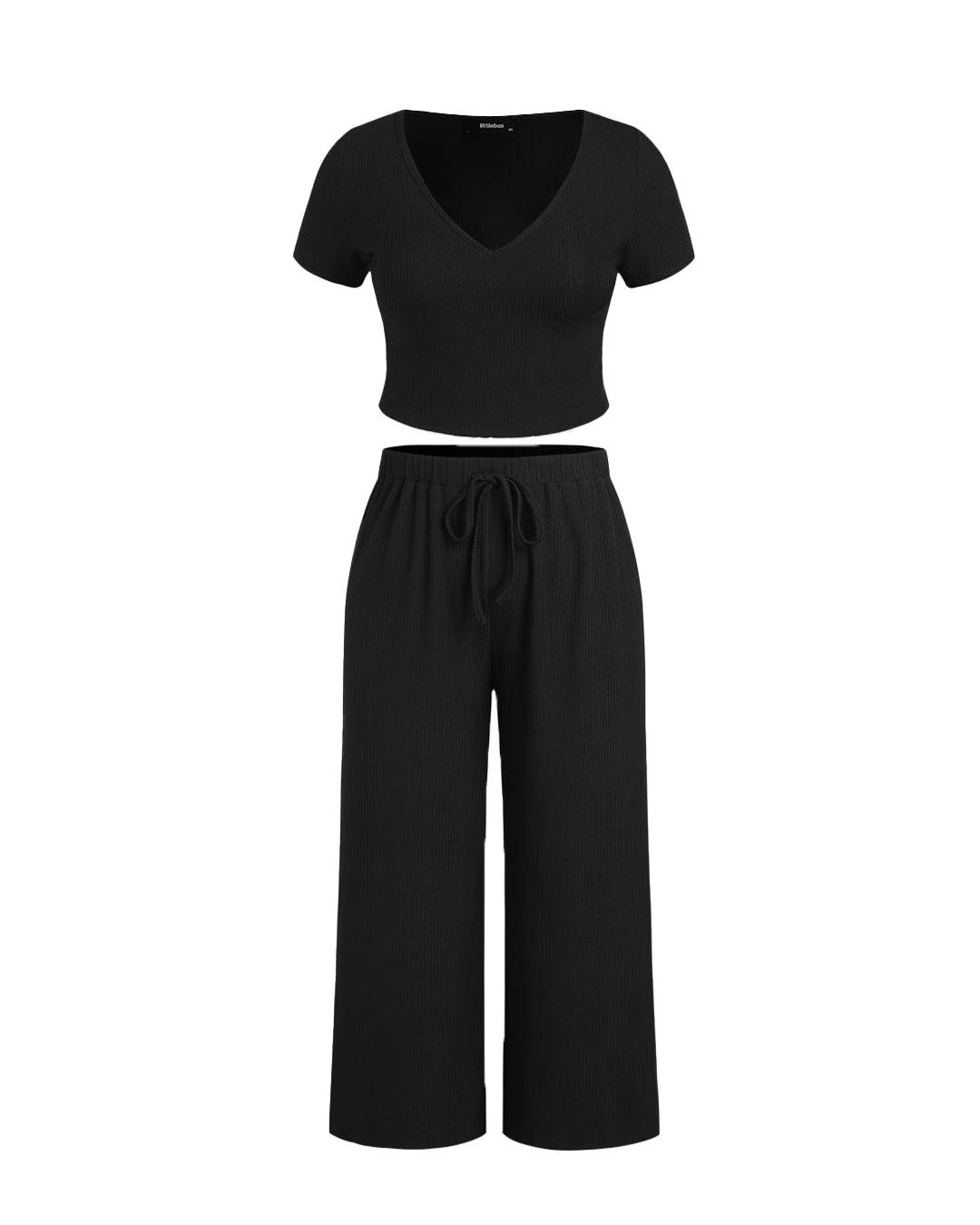 Short Sleeve Crop T-Shirt With V-Neck & Wide Knotted Pant In Black Curve & Plus