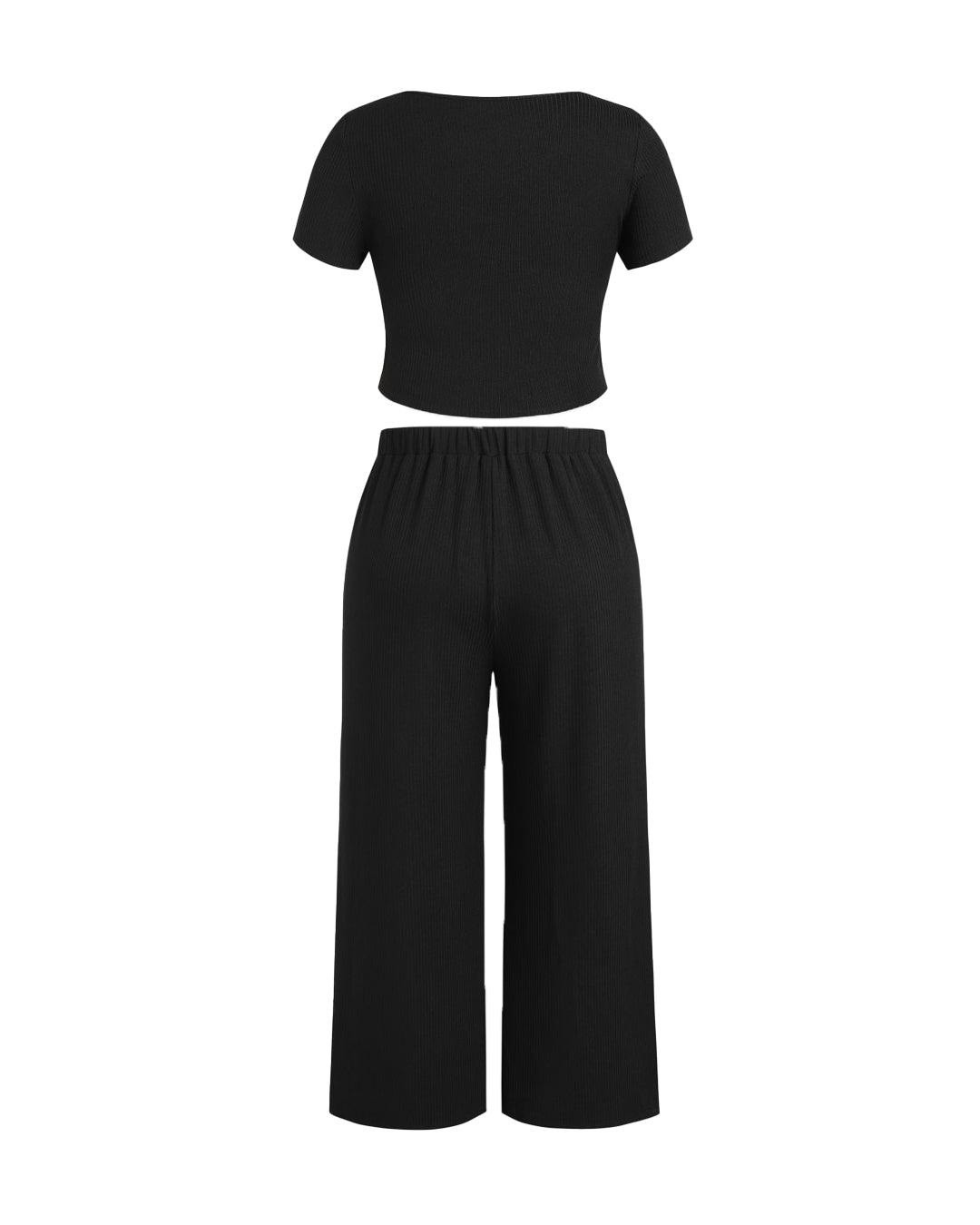 Short Sleeve Crop T-Shirt With V-Neck & Wide Knotted Pant In Black Curve & Plus