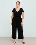 Short Sleeve Crop T-Shirt With V-Neck & Wide Knotted Pant In Black Curve & Plus