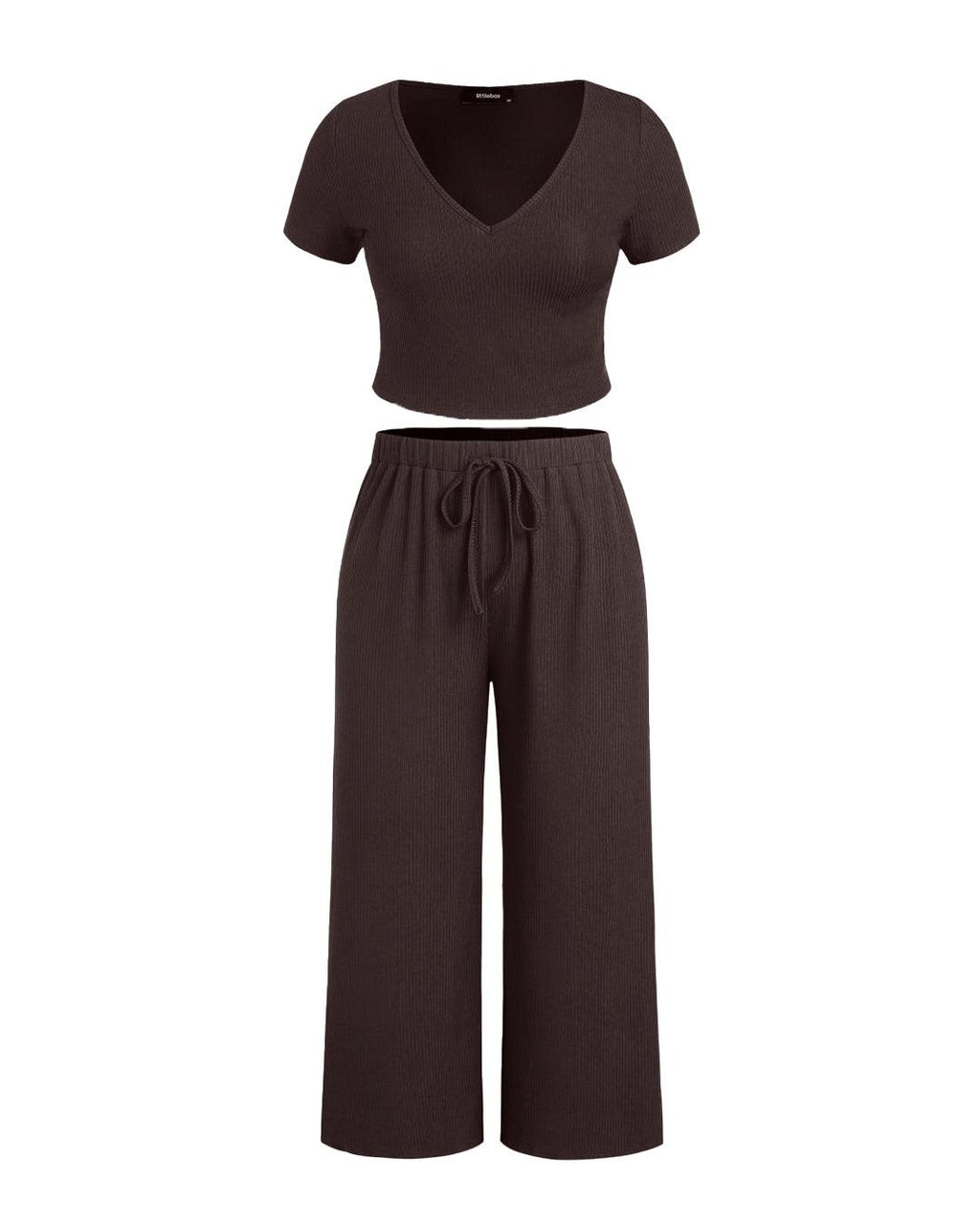 Short Sleeve Crop T-Shirt With V-Neck & Wide Knotted Pant In Chocolate Brown Curve & Plus