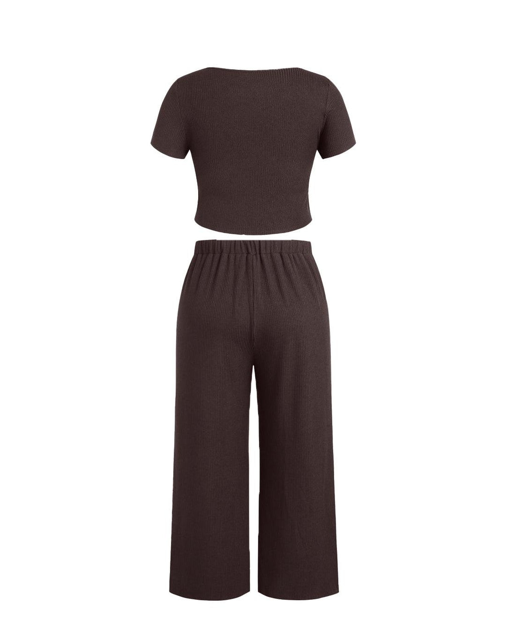Short Sleeve Crop T-Shirt With V-Neck & Wide Knotted Pant In Chocolate Brown Curve & Plus