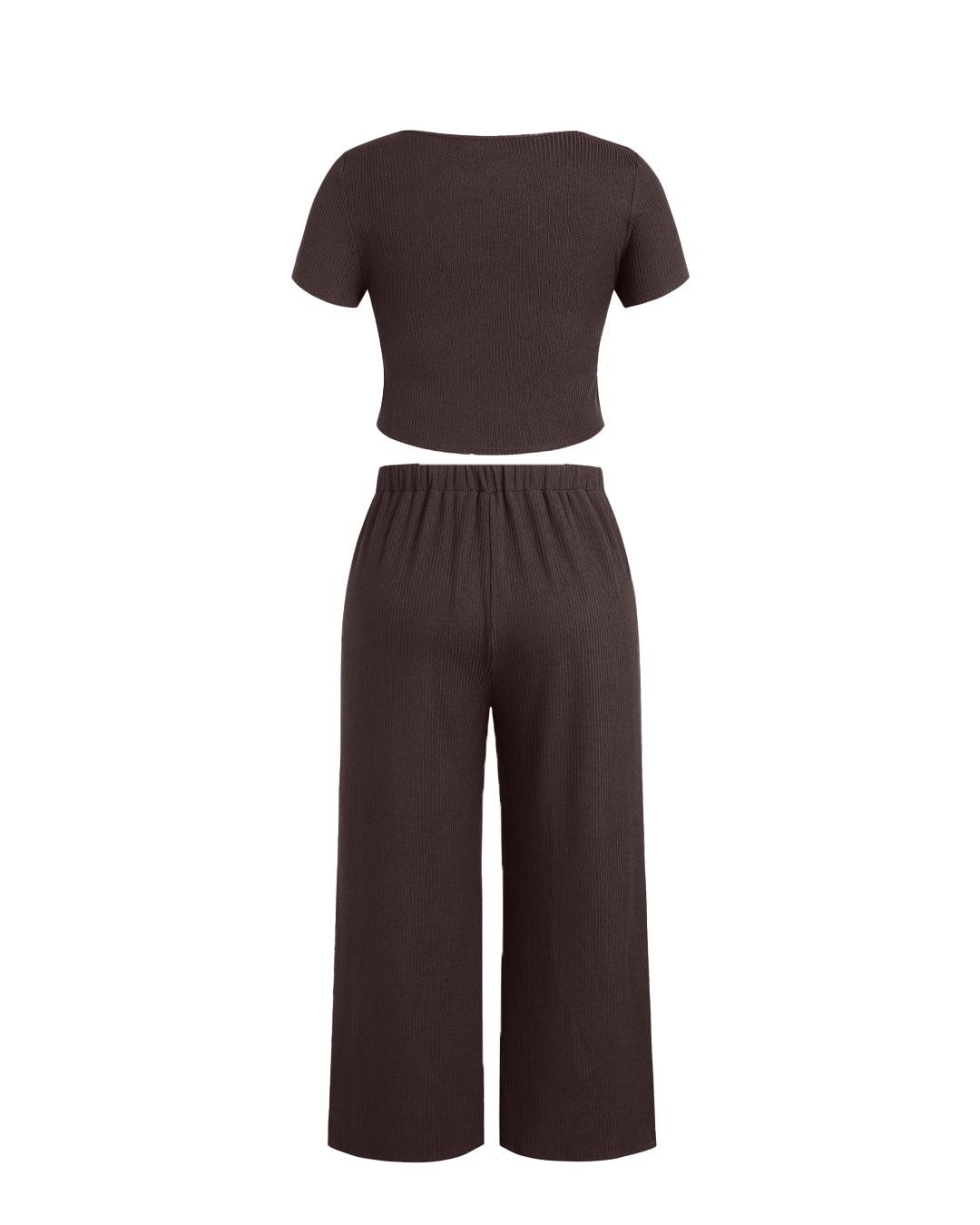 Short Sleeve Crop T-Shirt With V-Neck & Wide Knotted Pant In Chocolate Brown Curve & Plus