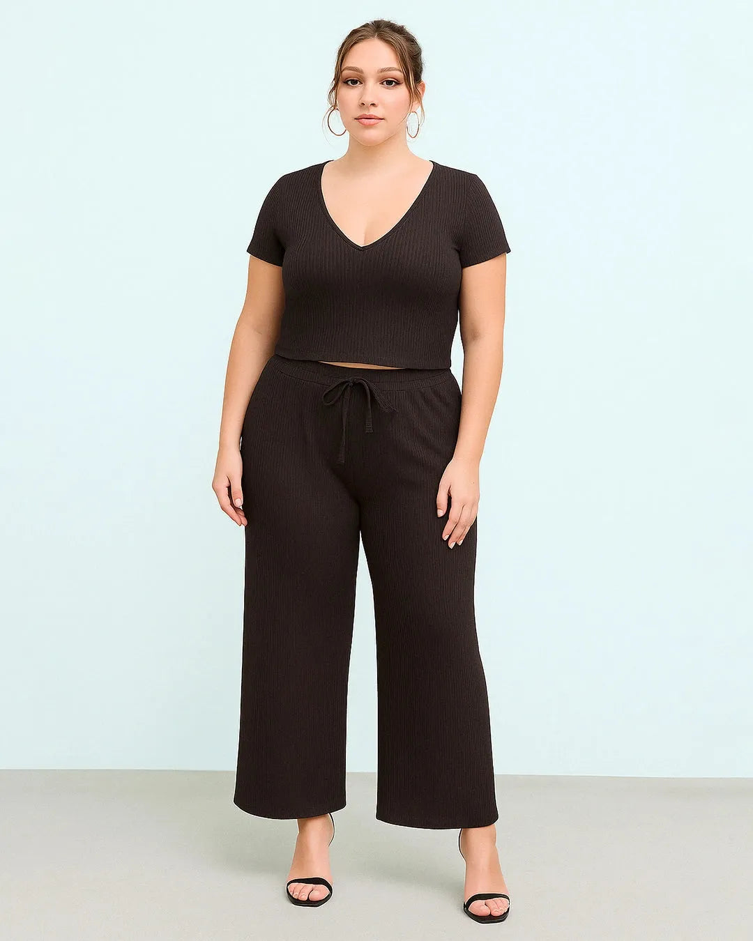 Short Sleeve Crop T-Shirt With V-Neck & Wide Knotted Pant In Chocolate Brown Curve & Plus