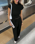 Short Sleeve Fitted Top & Wide-Leg Trousers Co-ords Set in Black