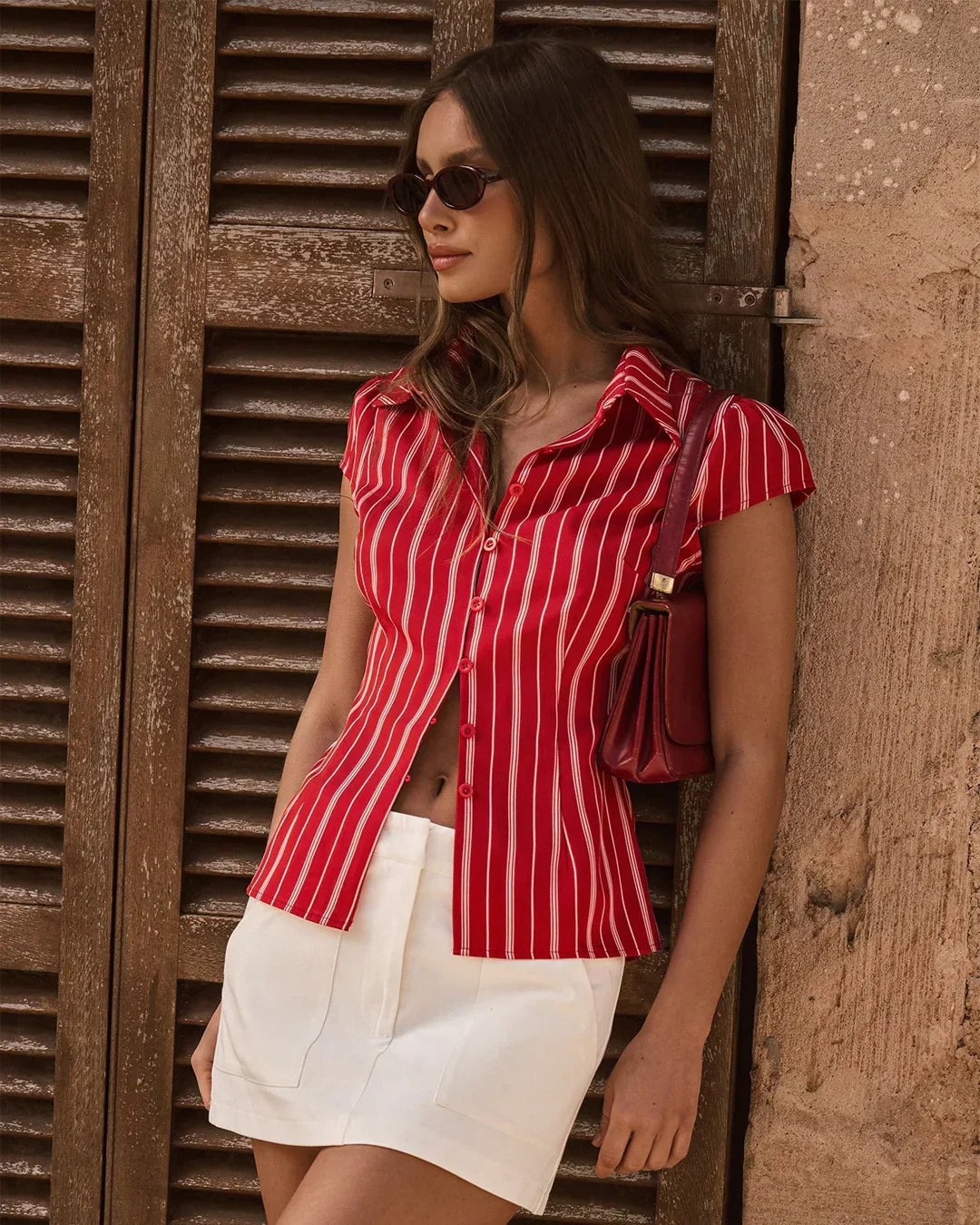 Short Sleeve Striped Collared Button Down Shirt