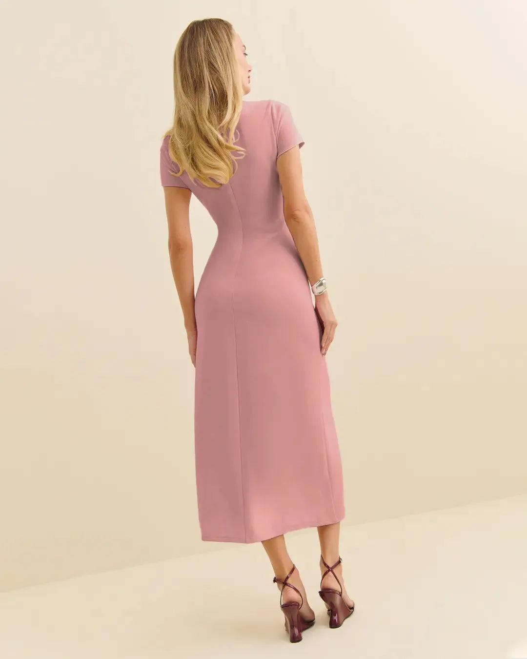 Short Sleeves Ruched Midi Dress with Round Neckline In Rose Pink