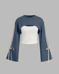 Side Striped Bowknot Sweatshirt & Solid Cropped Cami Top