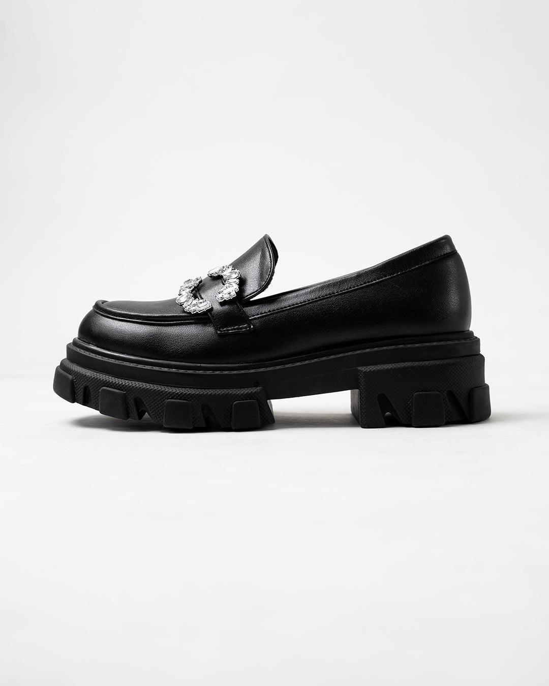 Buckle Embellished Black Chunky Loafers