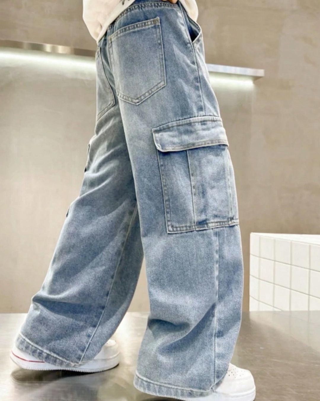 Men Casual Wide-Leg Loose Cargo Trouser In Blue