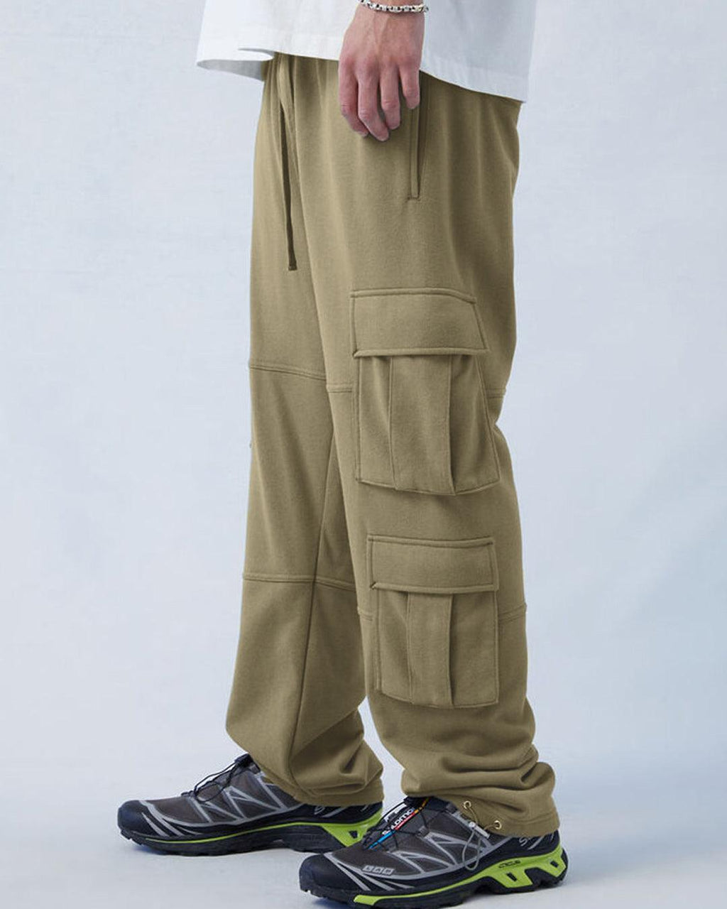 Men Relaxed Fit Terry Olive Straight Cargo Pants
