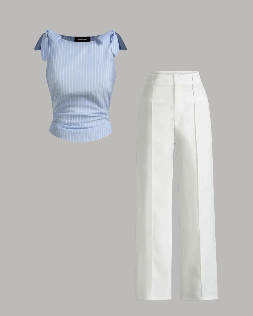 Sky Blue Ribbed Tie-Shoulder Top & White Trousers Co-Ord Set