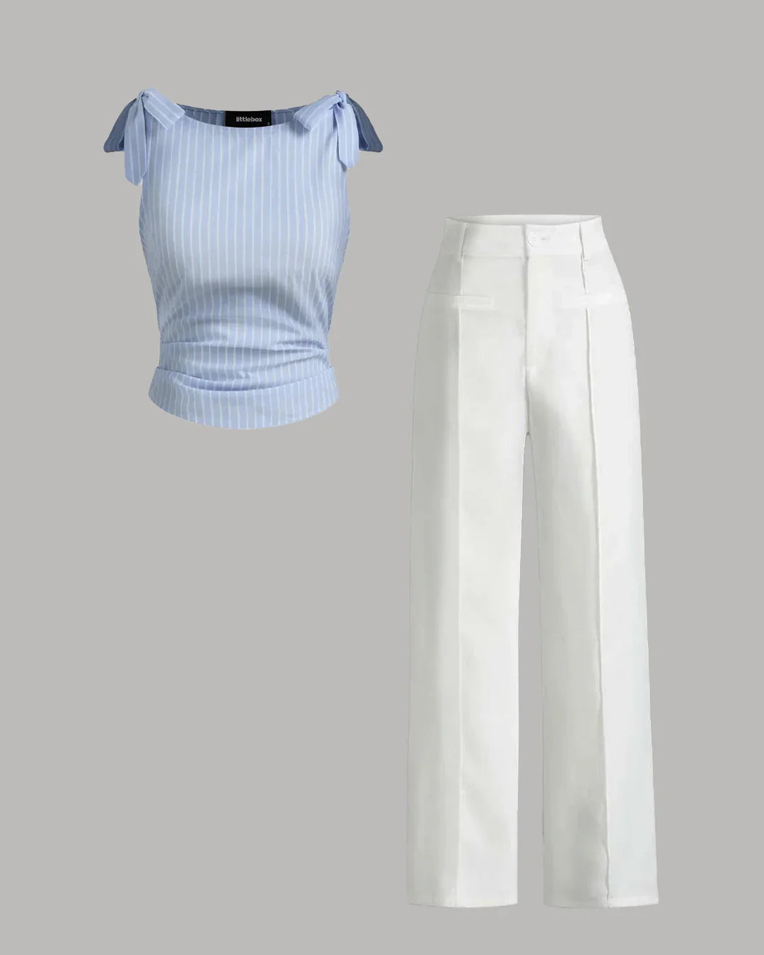 Sky Blue Ribbed Tie-Shoulder Top & White Trousers Co-Ord Set