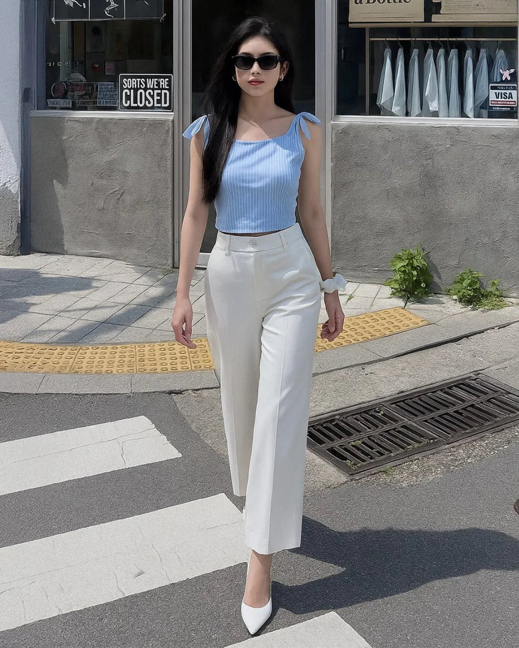 Sky Blue Ribbed Tie-Shoulder Top & White Trousers Co-Ord Set