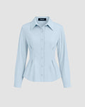 Sky Blue Solid Fitted Button-Down Shirt with Peplum Hem
