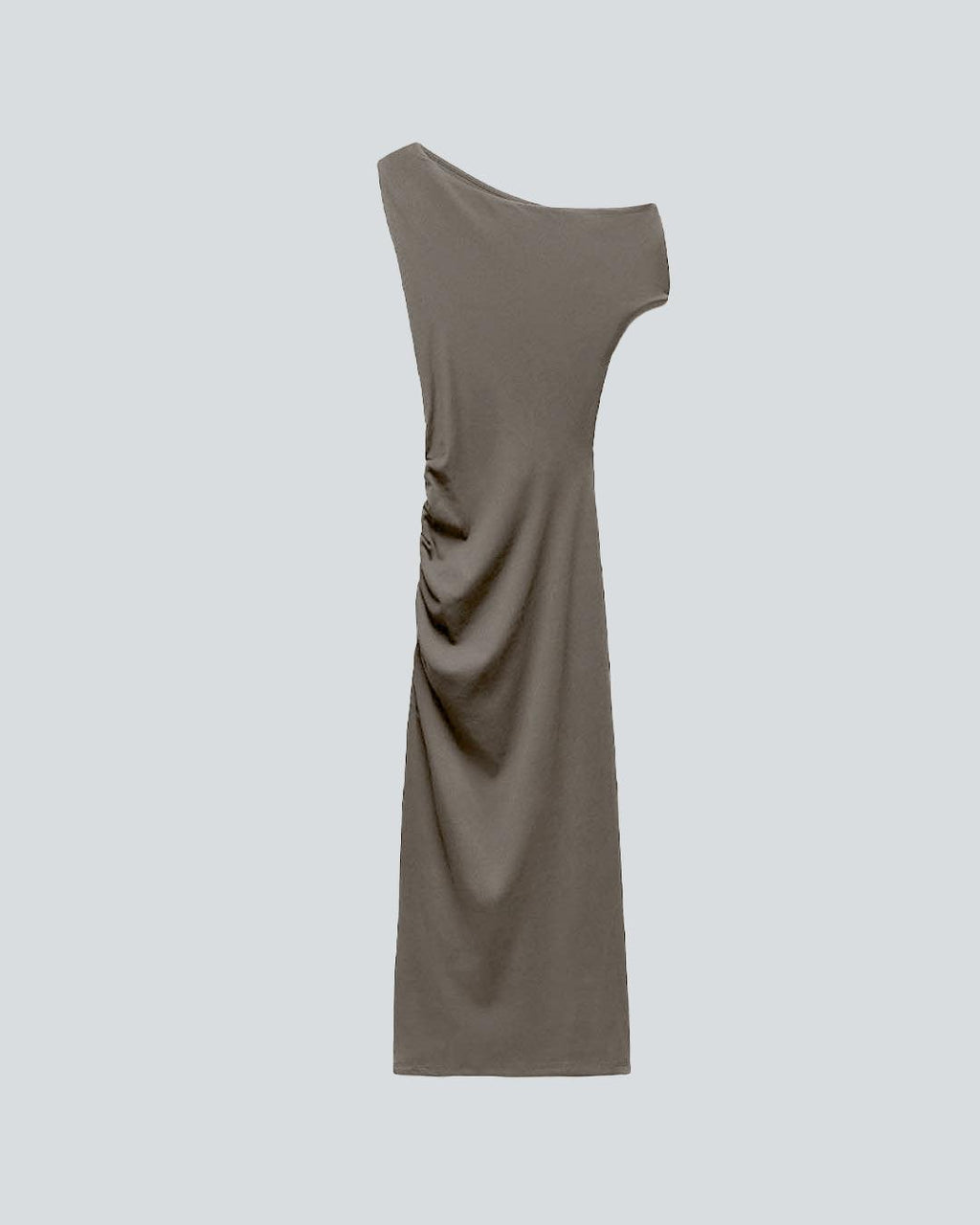 Slant Neck Draped Shoulder Grey Dress