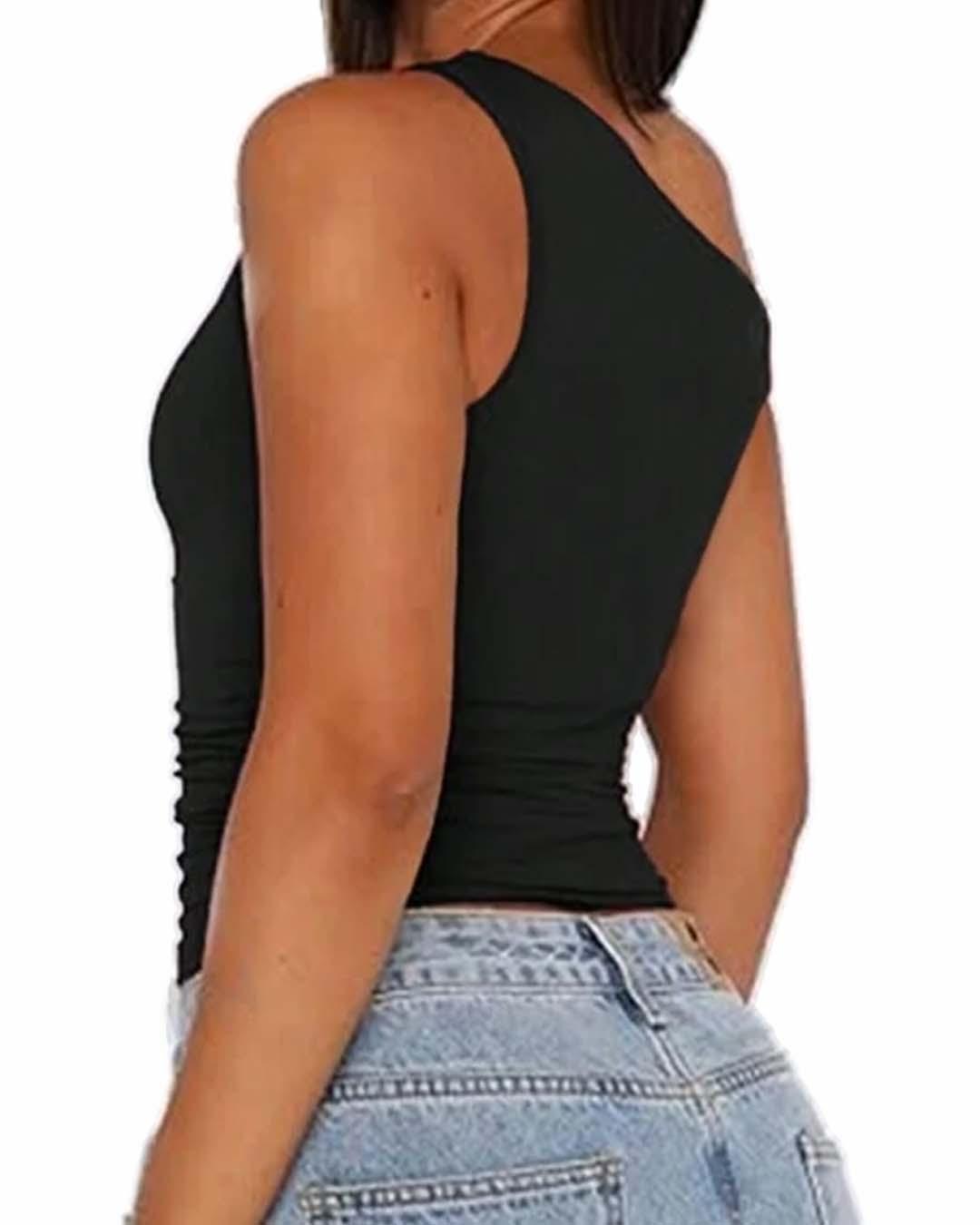 Slant Shoulder Asymmetrical Neckline Cropped Top