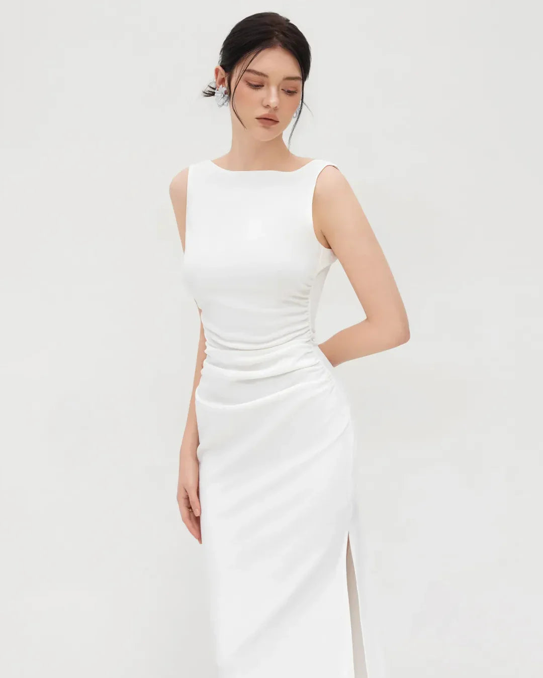 Slim Fit Boat Neck Maxi Dress in White