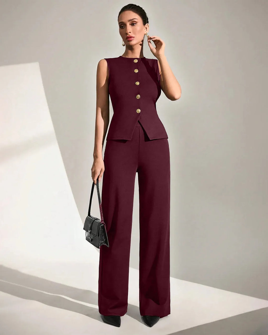 Sleeveless Button-Front Peplum Top & Wide-Leg Pants Co-ord Set in Dark Maroon