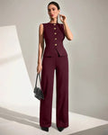 Sleeveless Button-Front Peplum Top & Wide-Leg Pants Co-ord Set in Dark Maroon