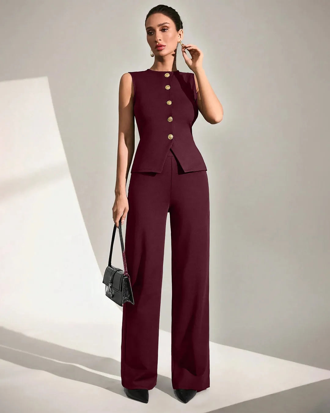 Sleeveless Button-Front Peplum Top & Wide-Leg Pants Co-ord Set in Dark Maroon