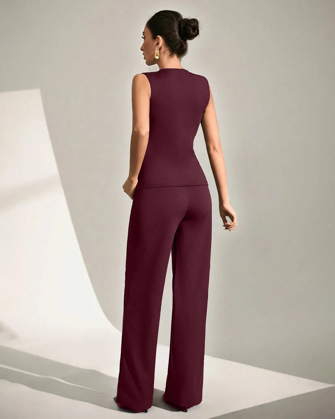 Sleeveless Button-Front Peplum Top & Wide-Leg Pants Co-ord Set in Dark Maroon