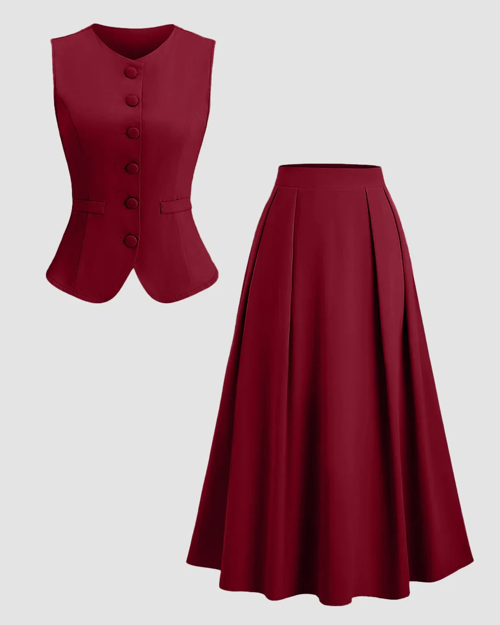 Sleeveless Button Vest & Flared Midi Skirt Co-ords Set in Burgundy