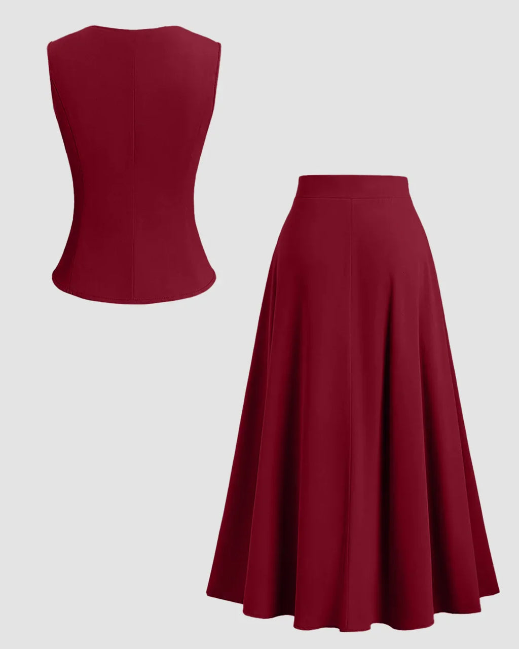 Sleeveless Button Vest & Flared Midi Skirt Co-ords Set in Burgundy