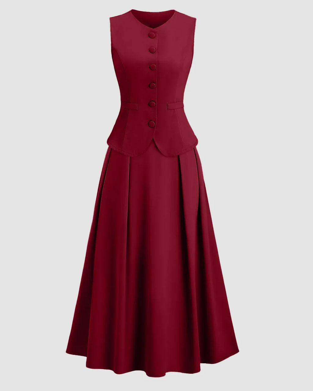 Sleeveless Button Vest & Flared Midi Skirt Co-ords Set in Burgundy