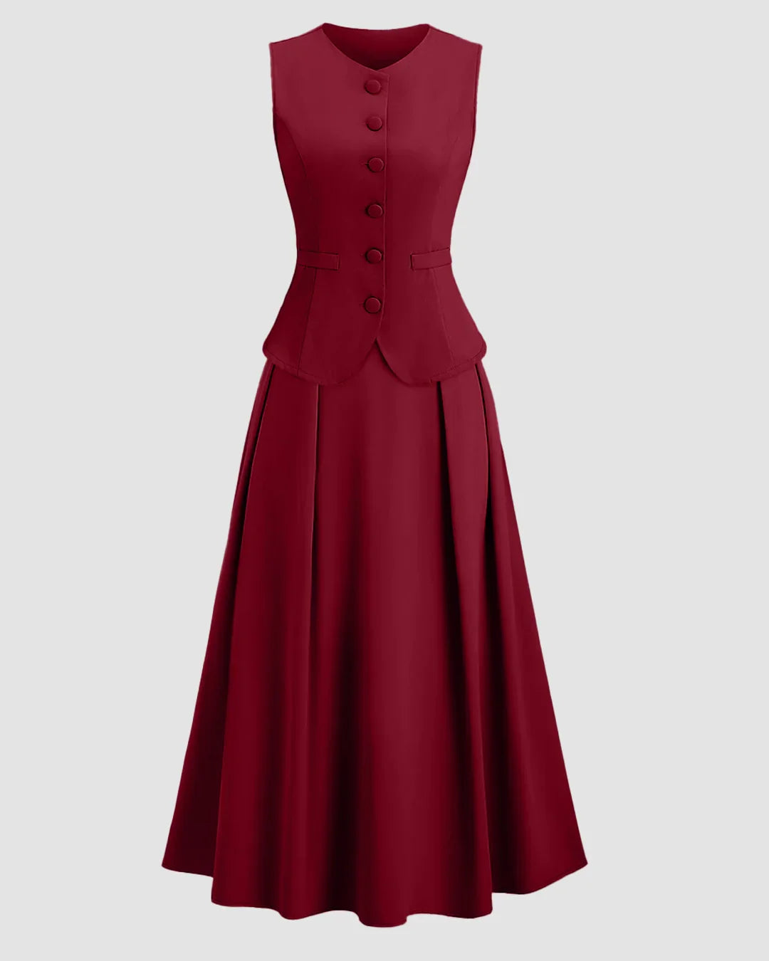 Sleeveless Button Vest & Flared Midi Skirt Co-ords Set in Burgundy