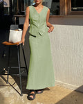Sleeveless Button Vest & Maxi Skirt Co-Ord Set in Light Pista