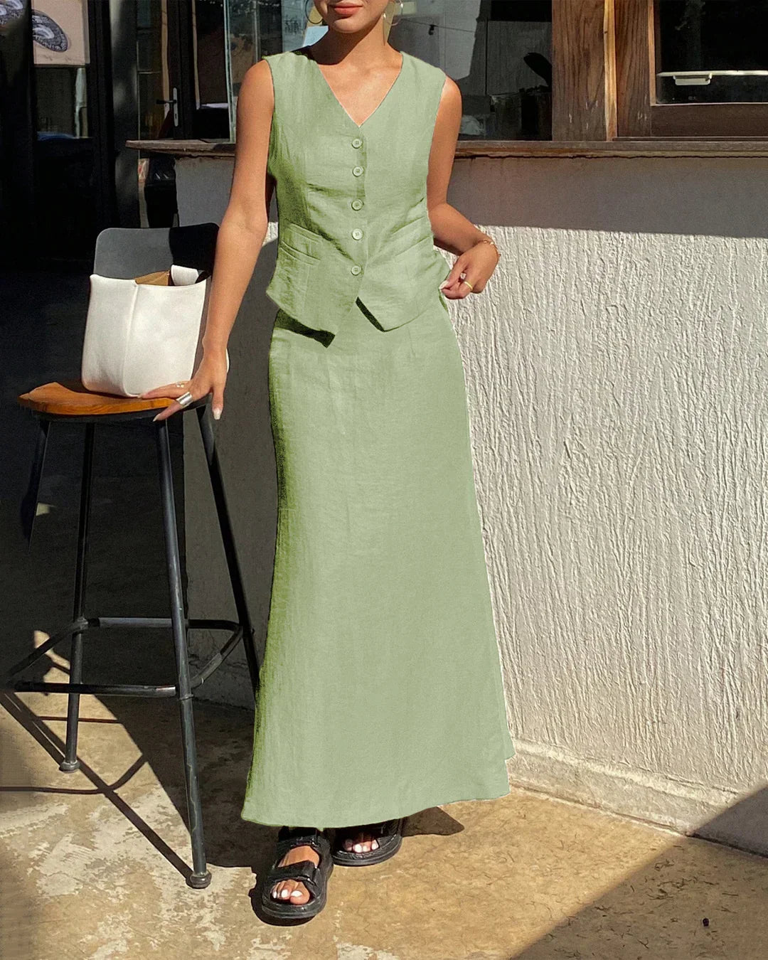 Sleeveless Button Vest & Maxi Skirt Co-Ord Set in Light Pista