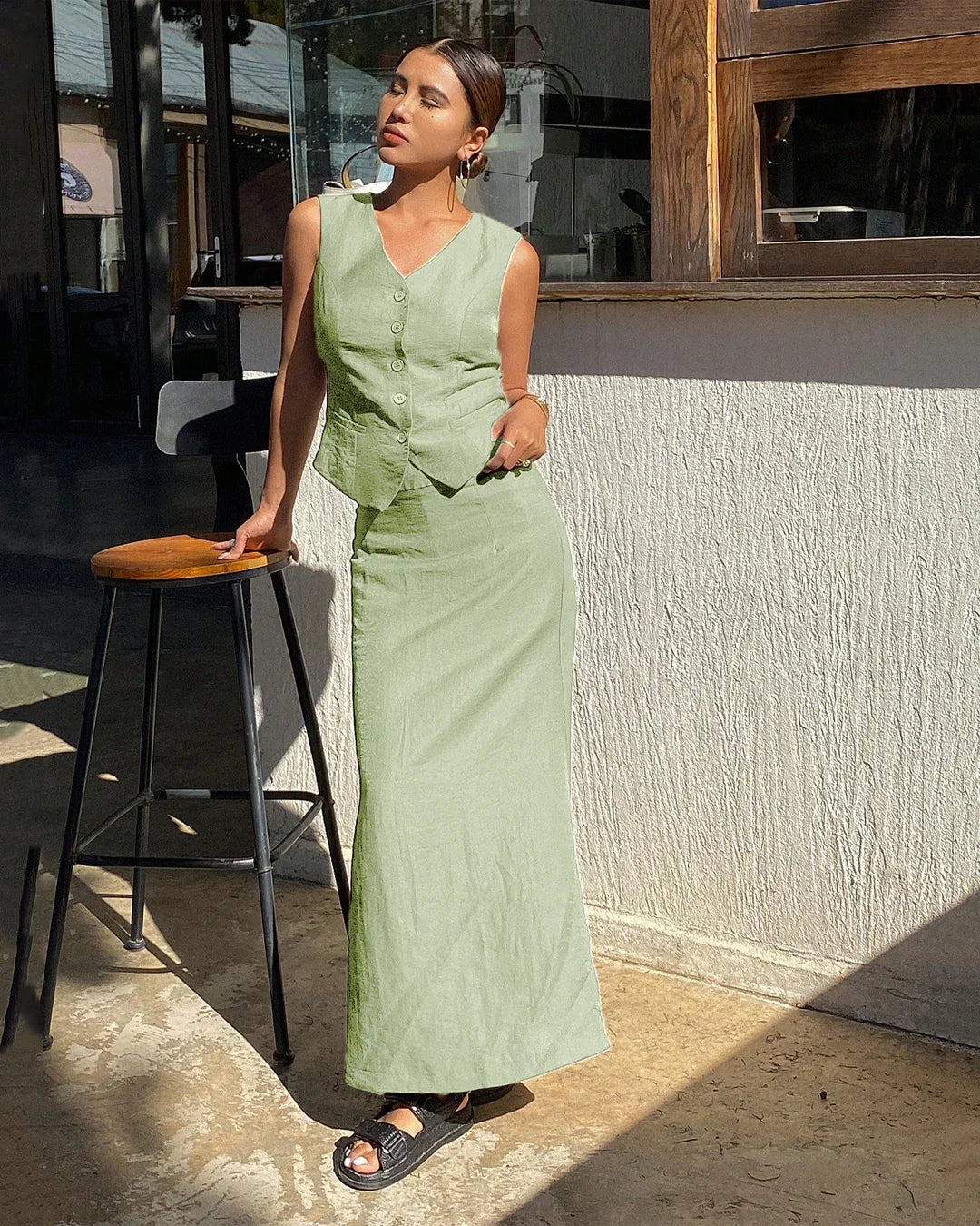 Sleeveless Button Vest & Maxi Skirt Co-Ord Set in Light Pista