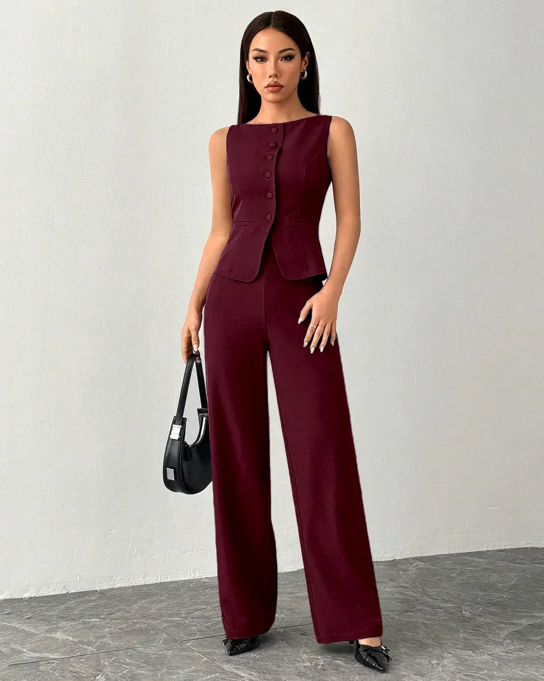Sleeveless Buttoned Vest & Wide-Leg Trouser Co-Ord in Burgundy