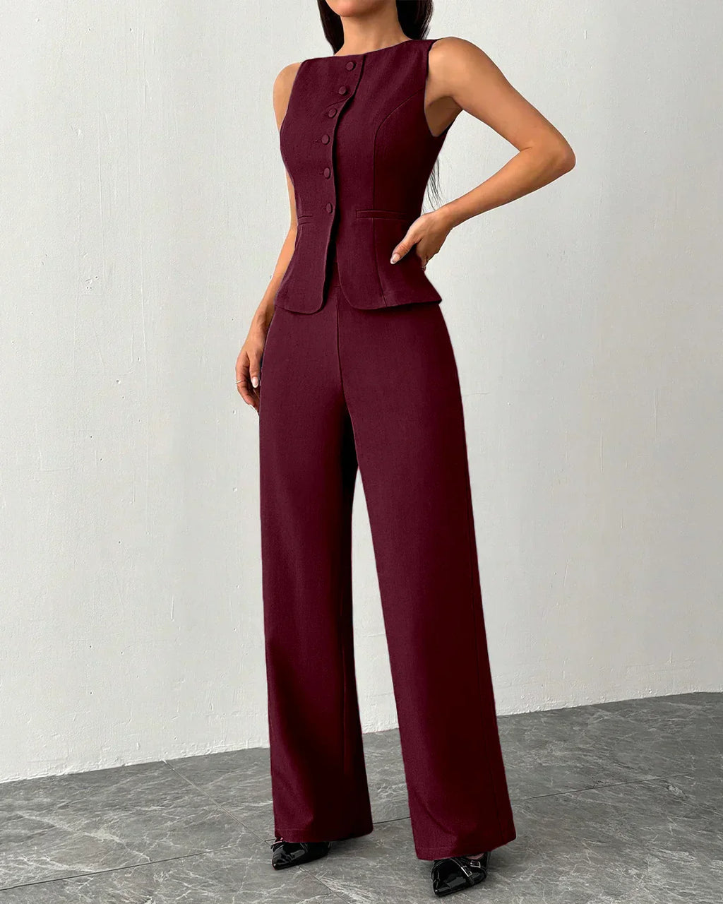 Sleeveless Buttoned Vest & Wide-Leg Trouser Co-Ord in Burgundy