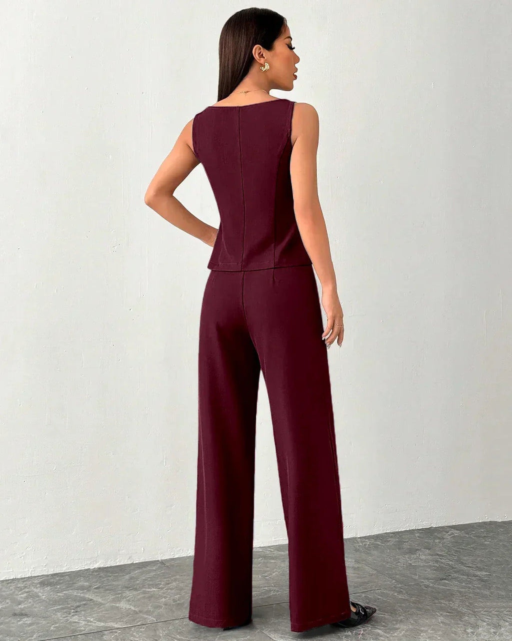 Sleeveless Buttoned Vest & Wide-Leg Trouser Co-Ord in Burgundy
