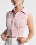 Sleeveless Collared Crop Shirt in Baby Pink