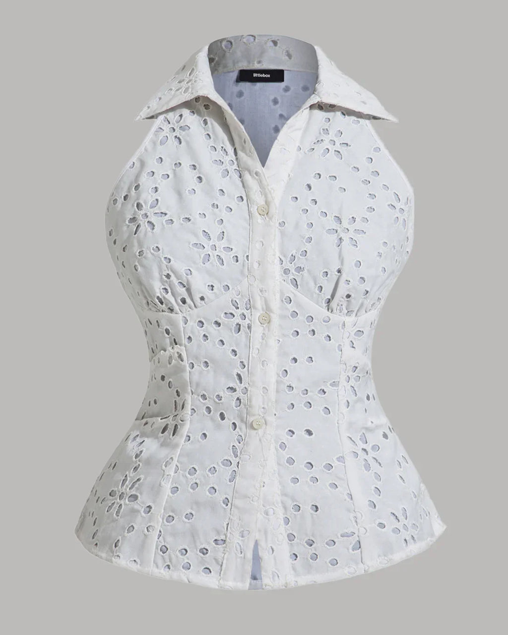 Sleeveless Collared Eyelet Button-Down Top