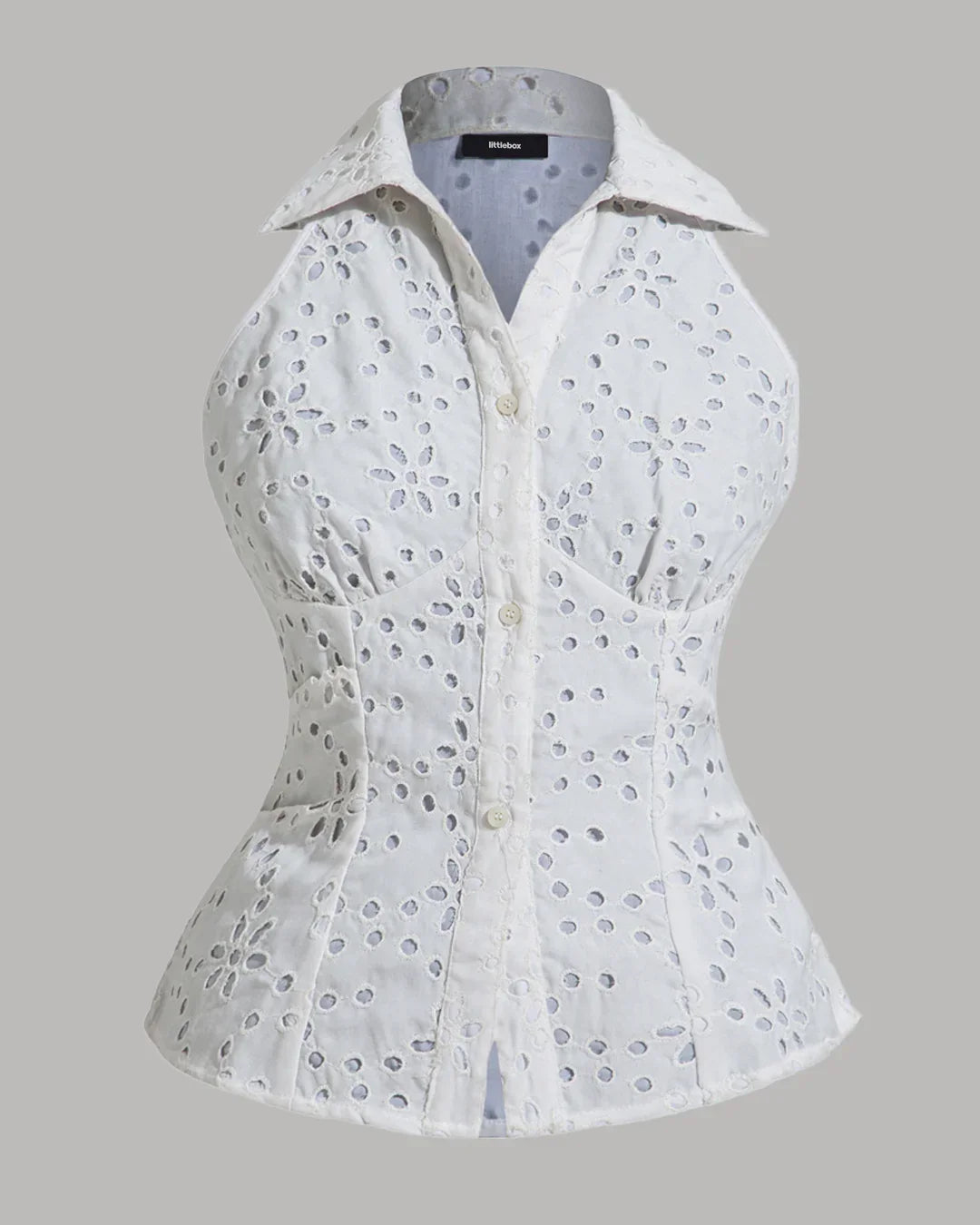 Sleeveless Collared Eyelet Button-Down Top