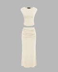 Sleeveless Crop Tank Top & Ruched Maxi Skirt In Off White