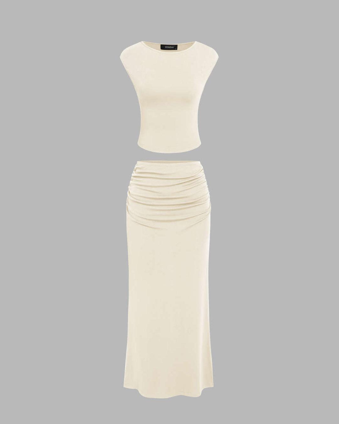 Sleeveless Crop Tank Top & Ruched Maxi Skirt In Off White