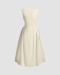 Sleeveless Flared Midi Dress in Beige
